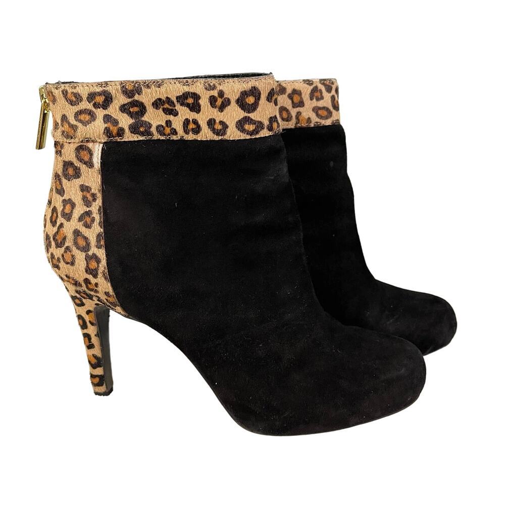 BANDOLINO Ankle Boots 6.5 Bdebere Leopard Suede Leather Real Fur Stiletto Black